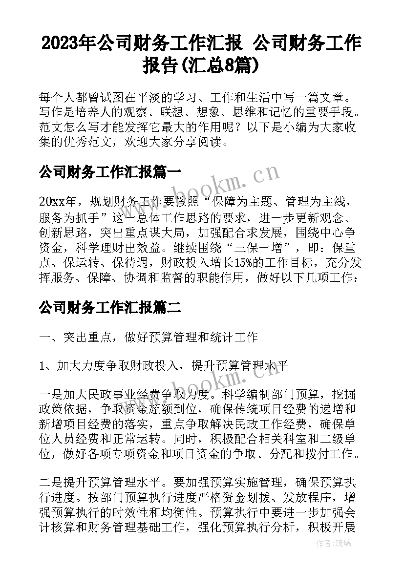 2023年公司财务工作汇报 公司财务工作报告(汇总8篇)