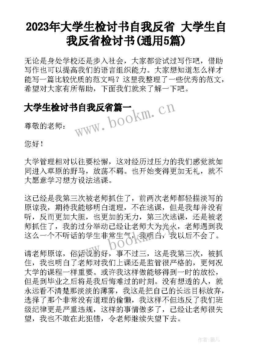 2023年大学生检讨书自我反省 大学生自我反省检讨书(通用5篇)