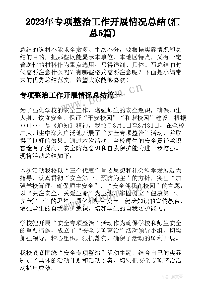 2023年专项整治工作开展情况总结(汇总5篇)