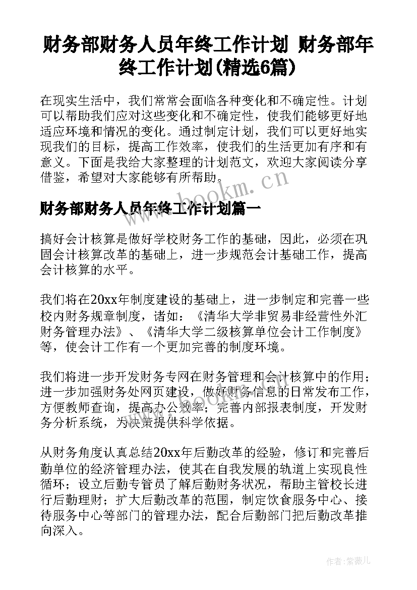 财务部财务人员年终工作计划 财务部年终工作计划(精选6篇)