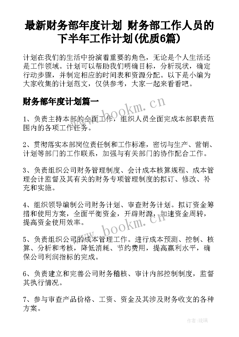 最新财务部年度计划 财务部工作人员的下半年工作计划(优质6篇)