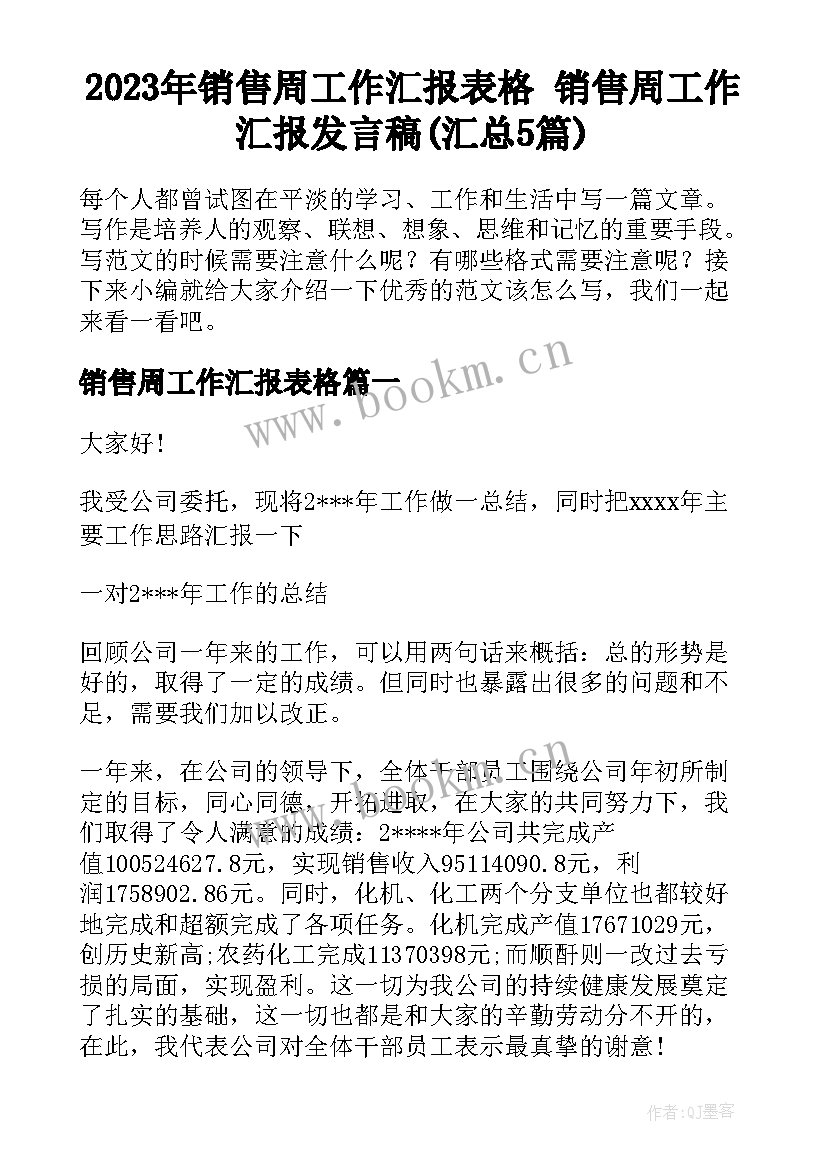 2023年销售周工作汇报表格 销售周工作汇报发言稿(汇总5篇)