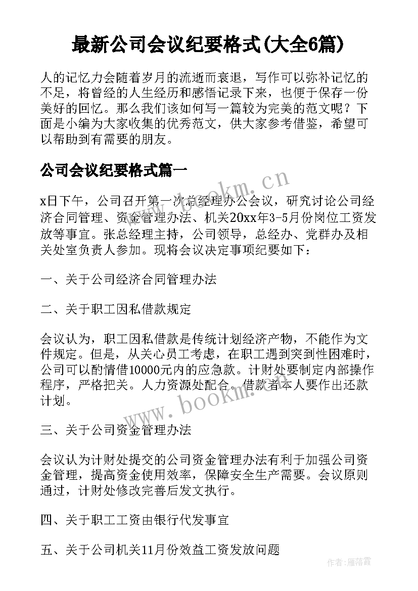 最新公司会议纪要格式(大全6篇)