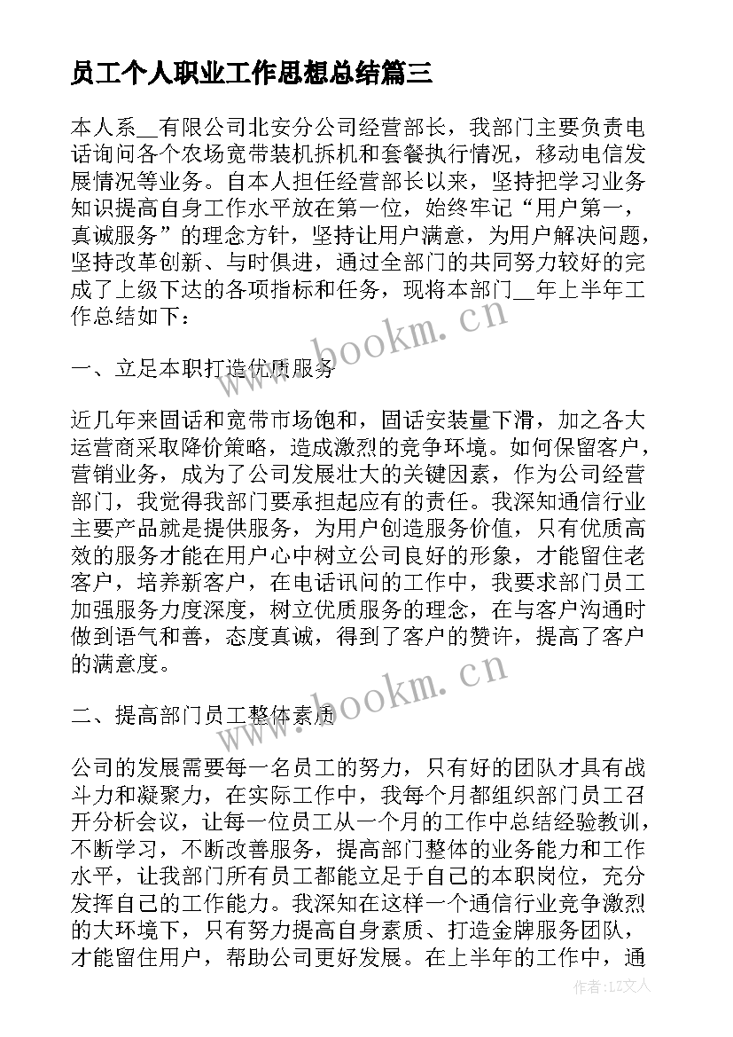 员工个人职业工作思想总结(汇总5篇)