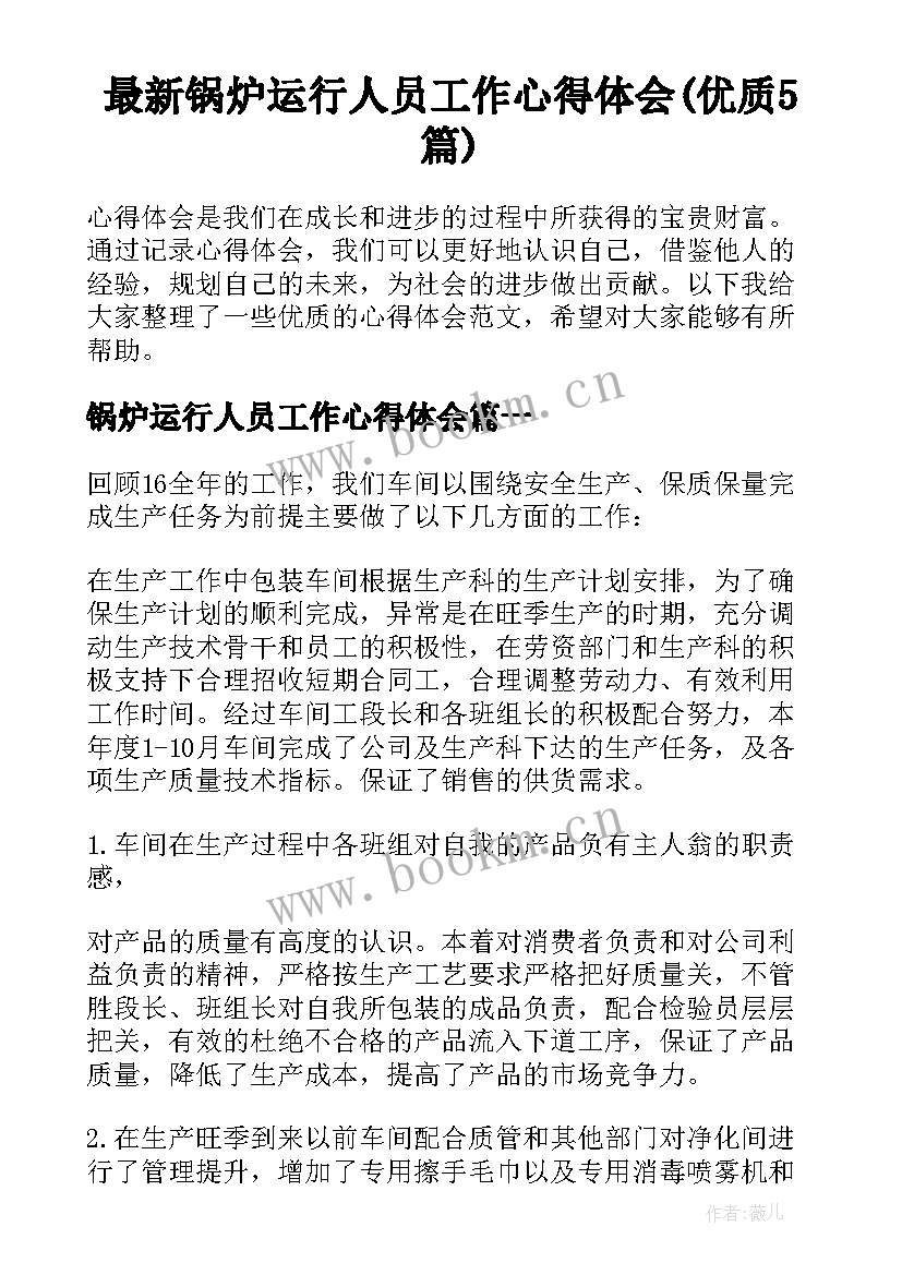 最新锅炉运行人员工作心得体会(优质5篇)