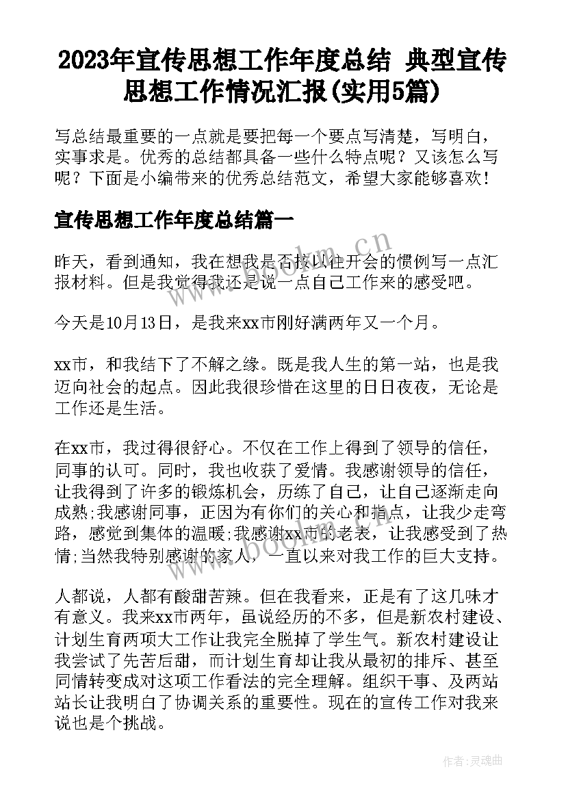 2023年宣传思想工作年度总结 典型宣传思想工作情况汇报(实用5篇)