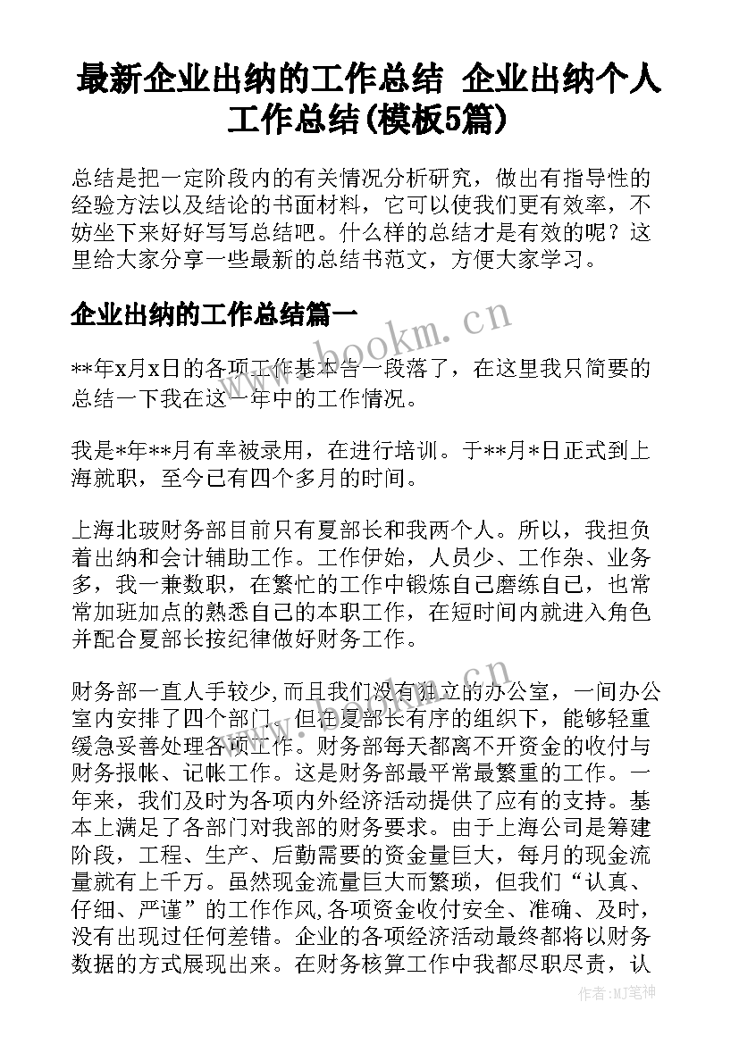 最新企业出纳的工作总结 企业出纳个人工作总结(模板5篇)