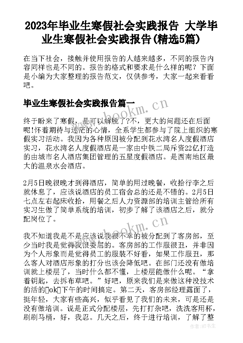 2023年毕业生寒假社会实践报告 大学毕业生寒假社会实践报告(精选5篇)