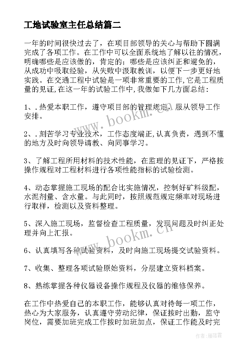 2023年工地试验室主任总结(通用5篇)