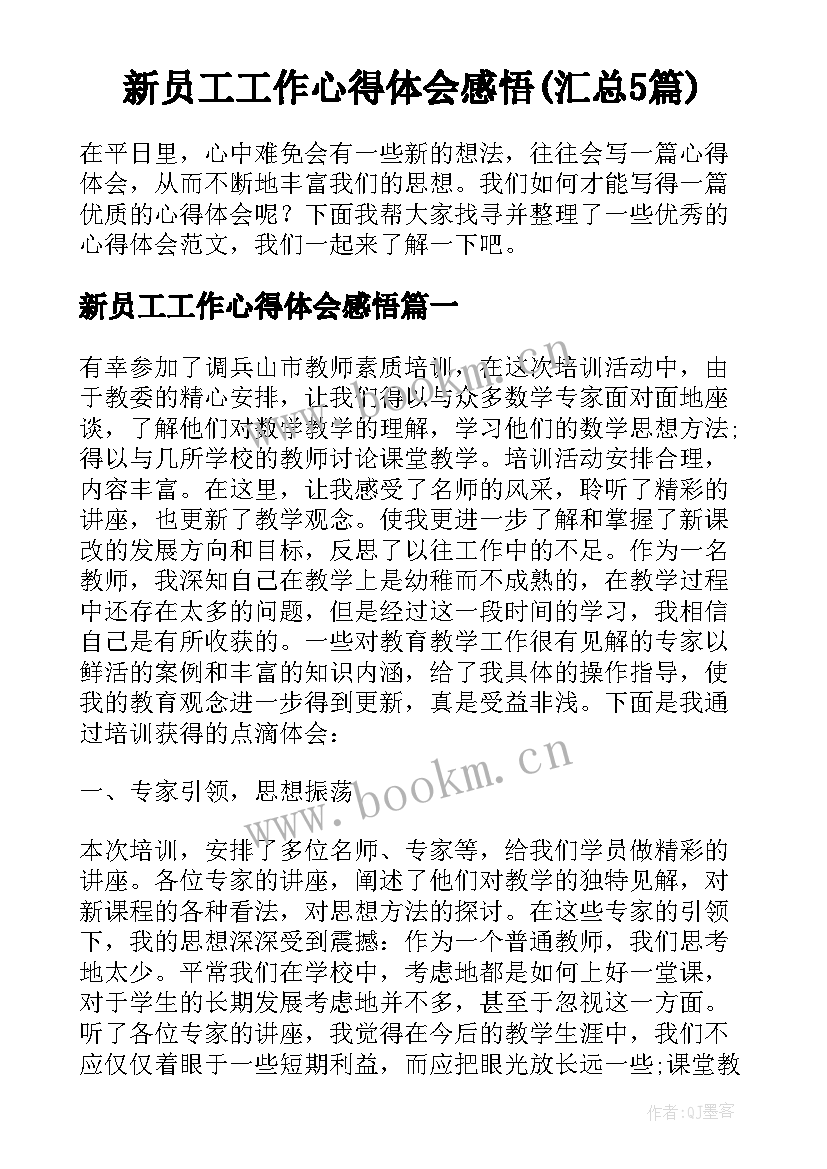 新员工工作心得体会感悟(汇总5篇)