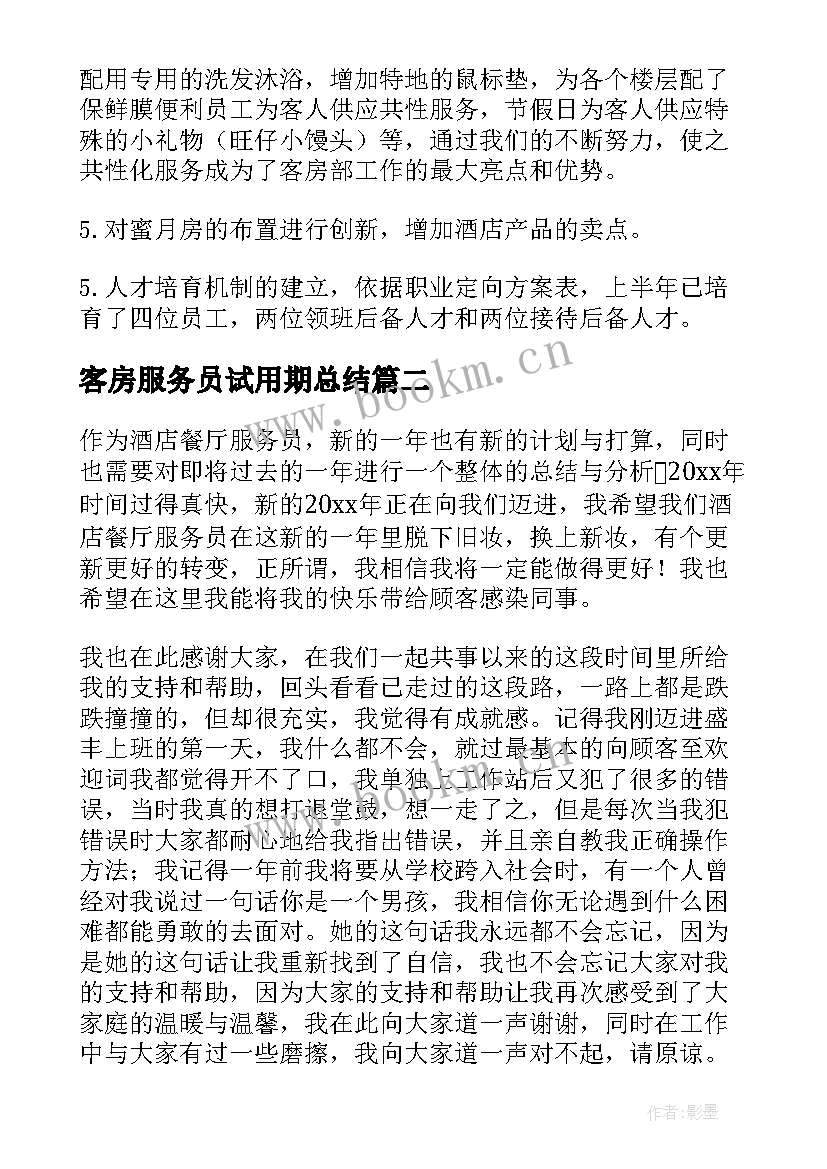 客房服务员试用期总结 酒店客房服务员年终工作总结(通用5篇)