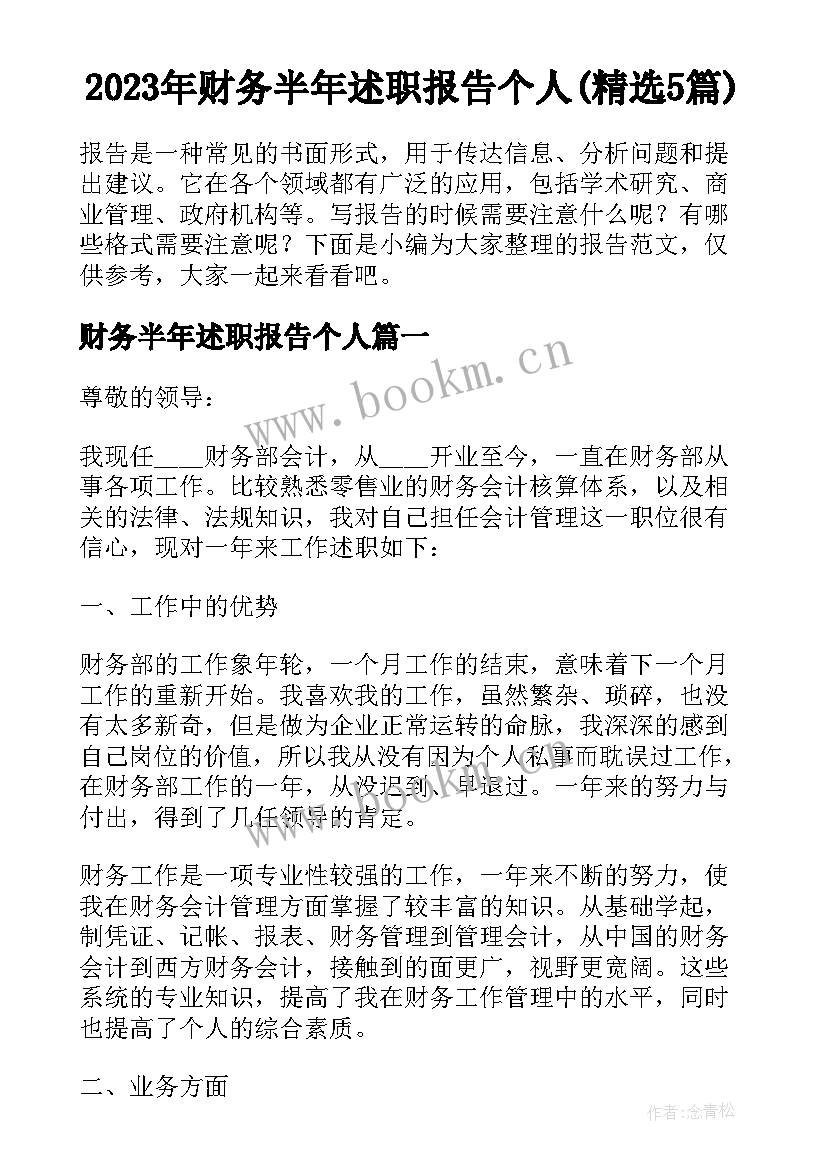 2023年财务半年述职报告个人(精选5篇)