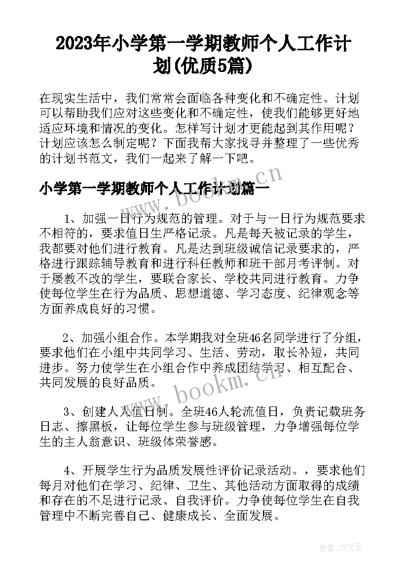 2023年小学第一学期教师个人工作计划(优质5篇)