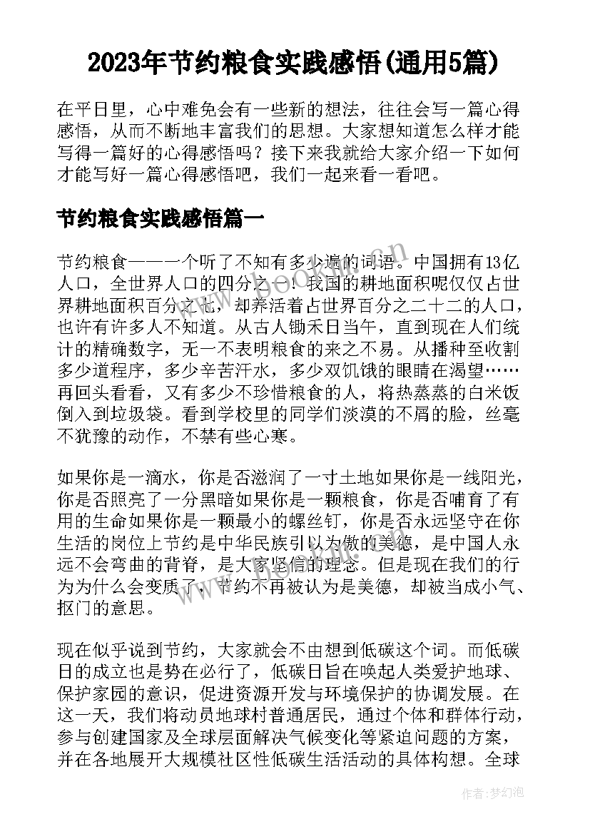 2023年节约粮食实践感悟(通用5篇)