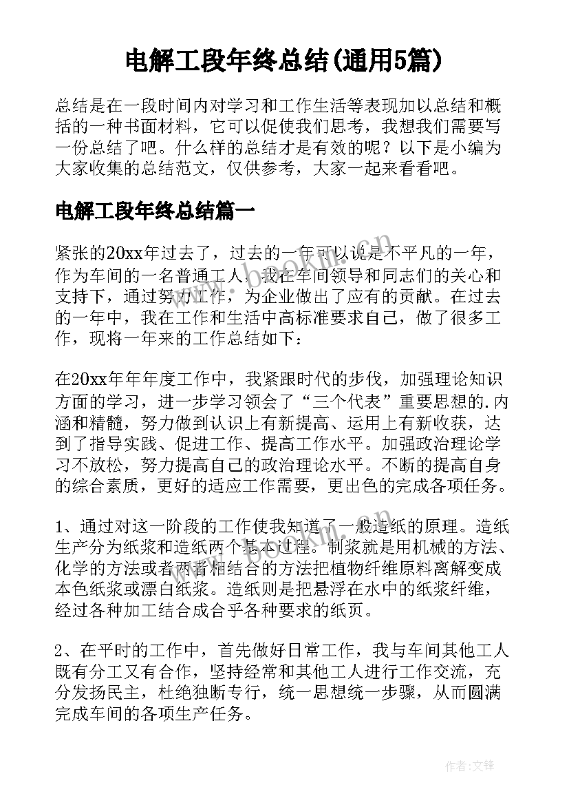 电解工段年终总结(通用5篇)