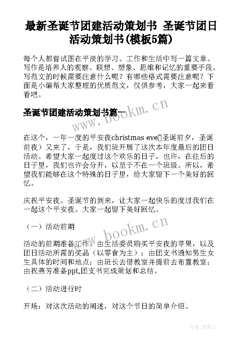 最新圣诞节团建活动策划书 圣诞节团日活动策划书(模板5篇)