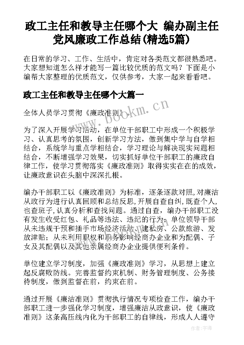 政工主任和教导主任哪个大 编办副主任党风廉政工作总结(精选5篇)