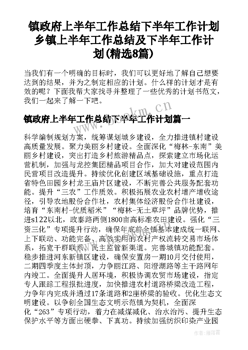 镇政府上半年工作总结下半年工作计划 乡镇上半年工作总结及下半年工作计划(精选8篇)