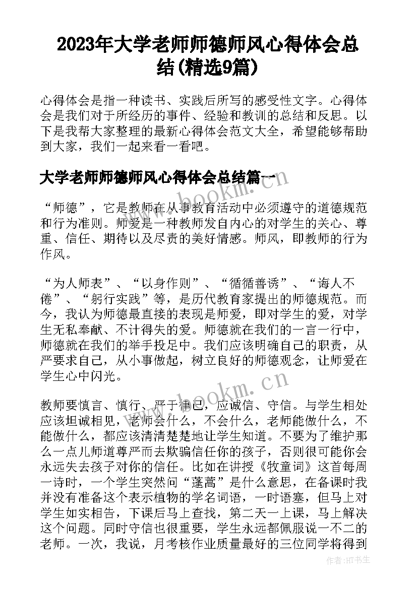 2023年大学老师师德师风心得体会总结(精选9篇)