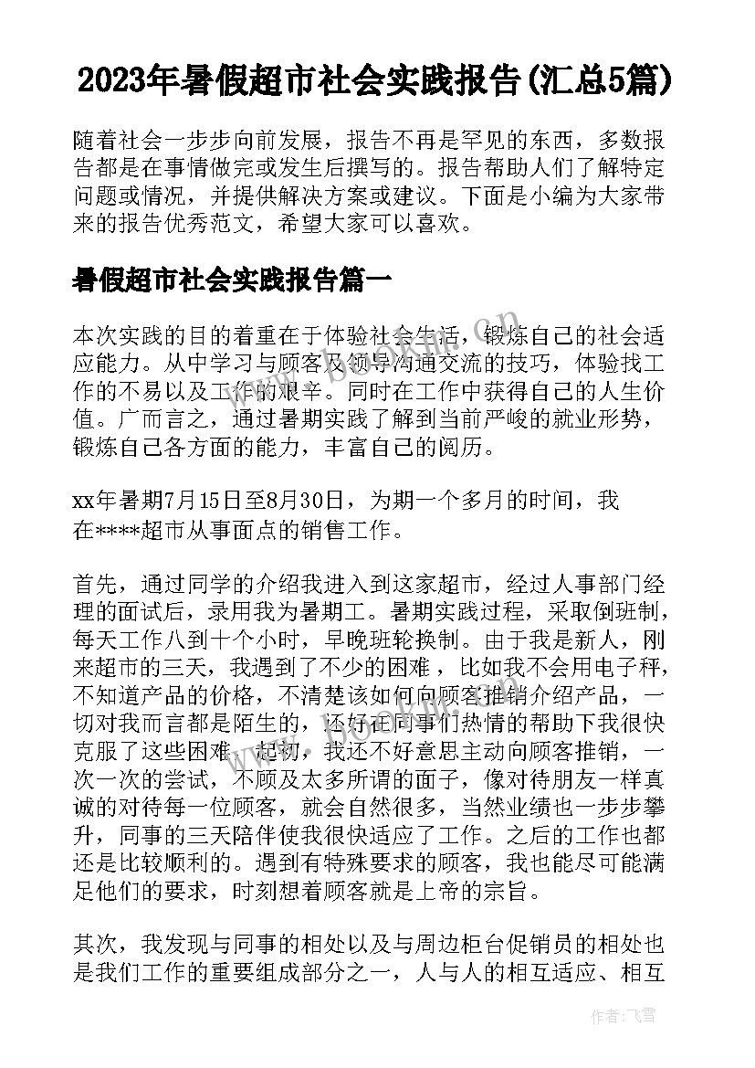 2023年暑假超市社会实践报告(汇总5篇)