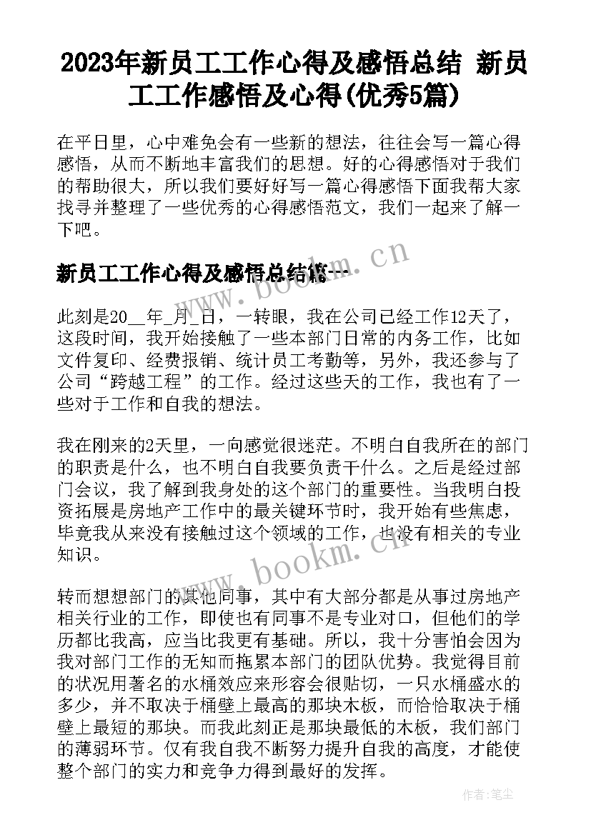 2023年新员工工作心得及感悟总结 新员工工作感悟及心得(优秀5篇)