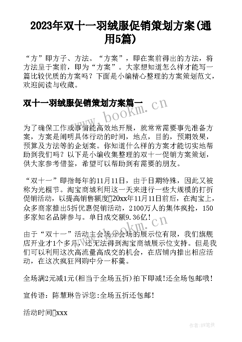 2023年双十一羽绒服促销策划方案(通用5篇)