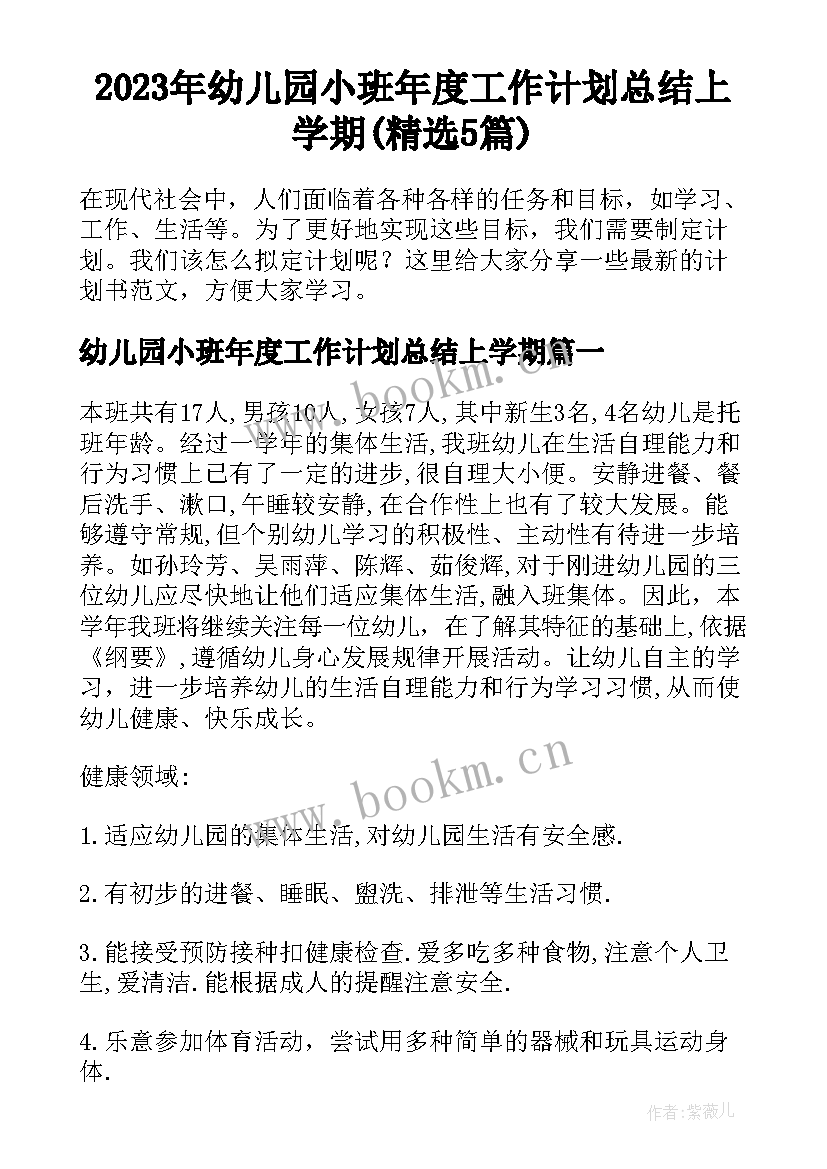 2023年幼儿园小班年度工作计划总结上学期(精选5篇)