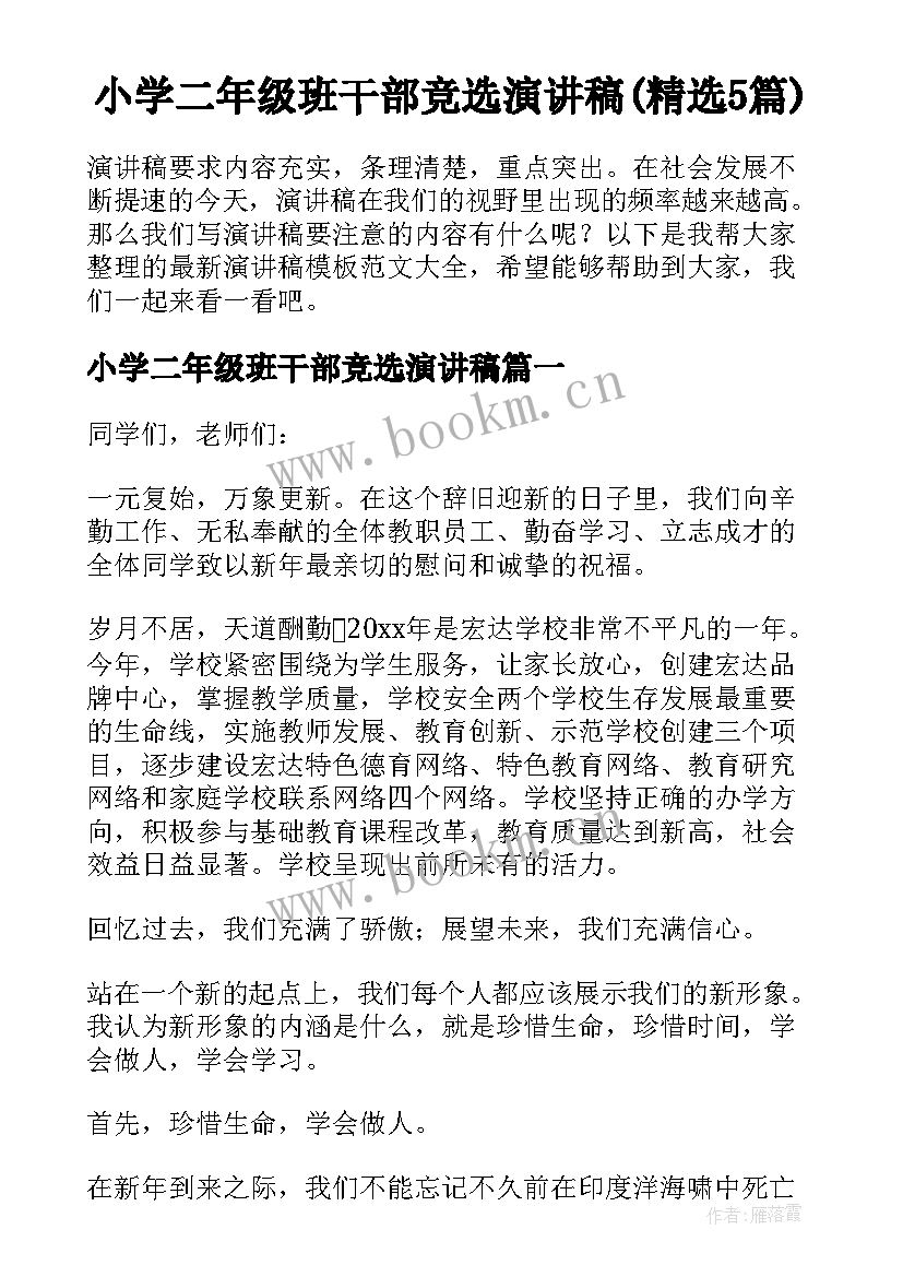 小学二年级班干部竞选演讲稿(精选5篇)