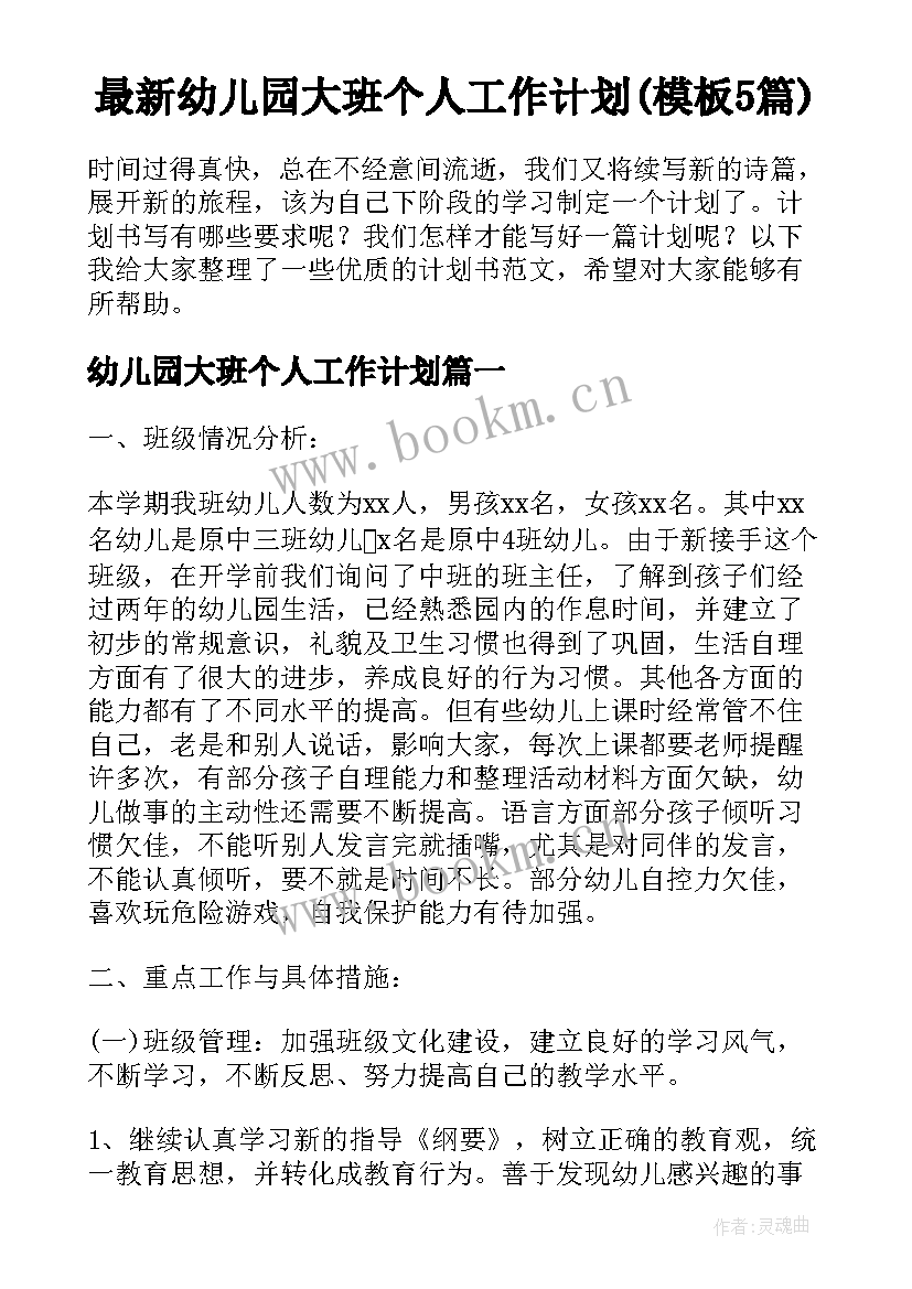 最新幼儿园大班个人工作计划(模板5篇)