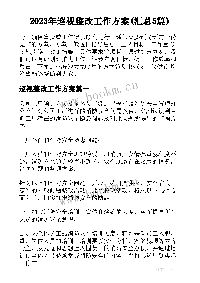 2023年巡视整改工作方案(汇总5篇)