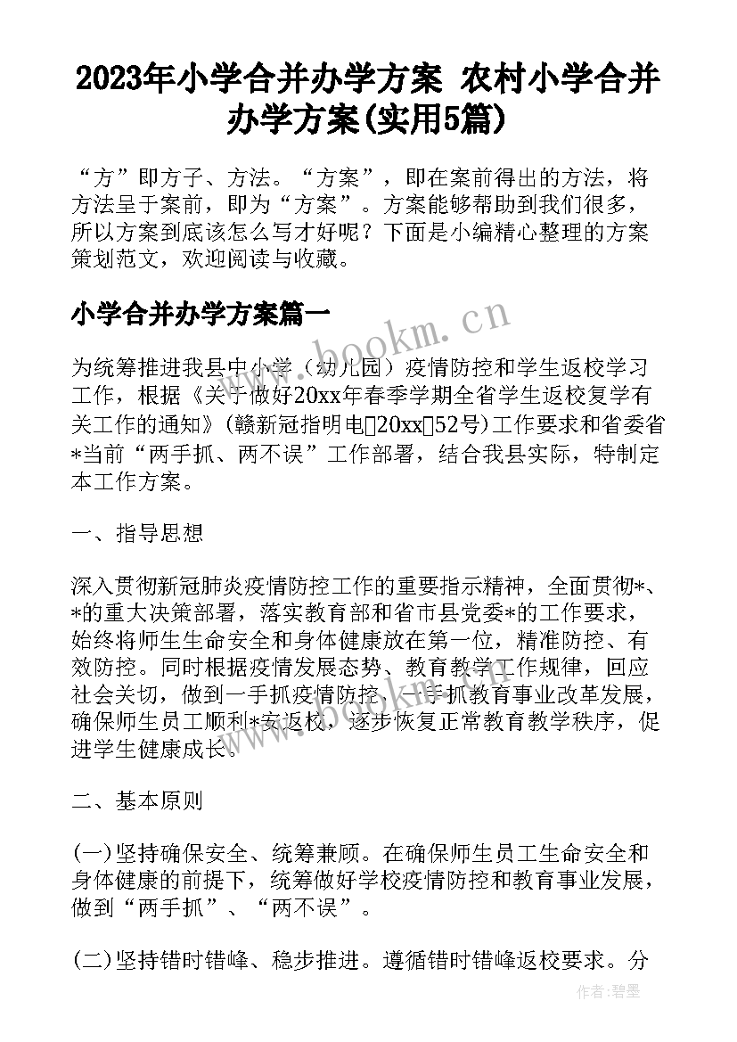 2023年小学合并办学方案 农村小学合并办学方案(实用5篇)