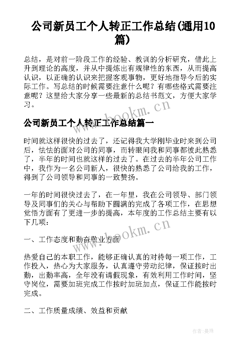 公司新员工个人转正工作总结(通用10篇)