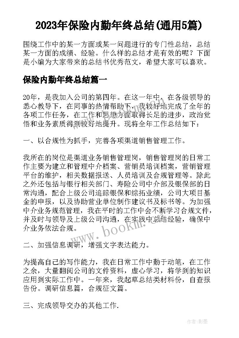 2023年保险内勤年终总结(通用5篇)