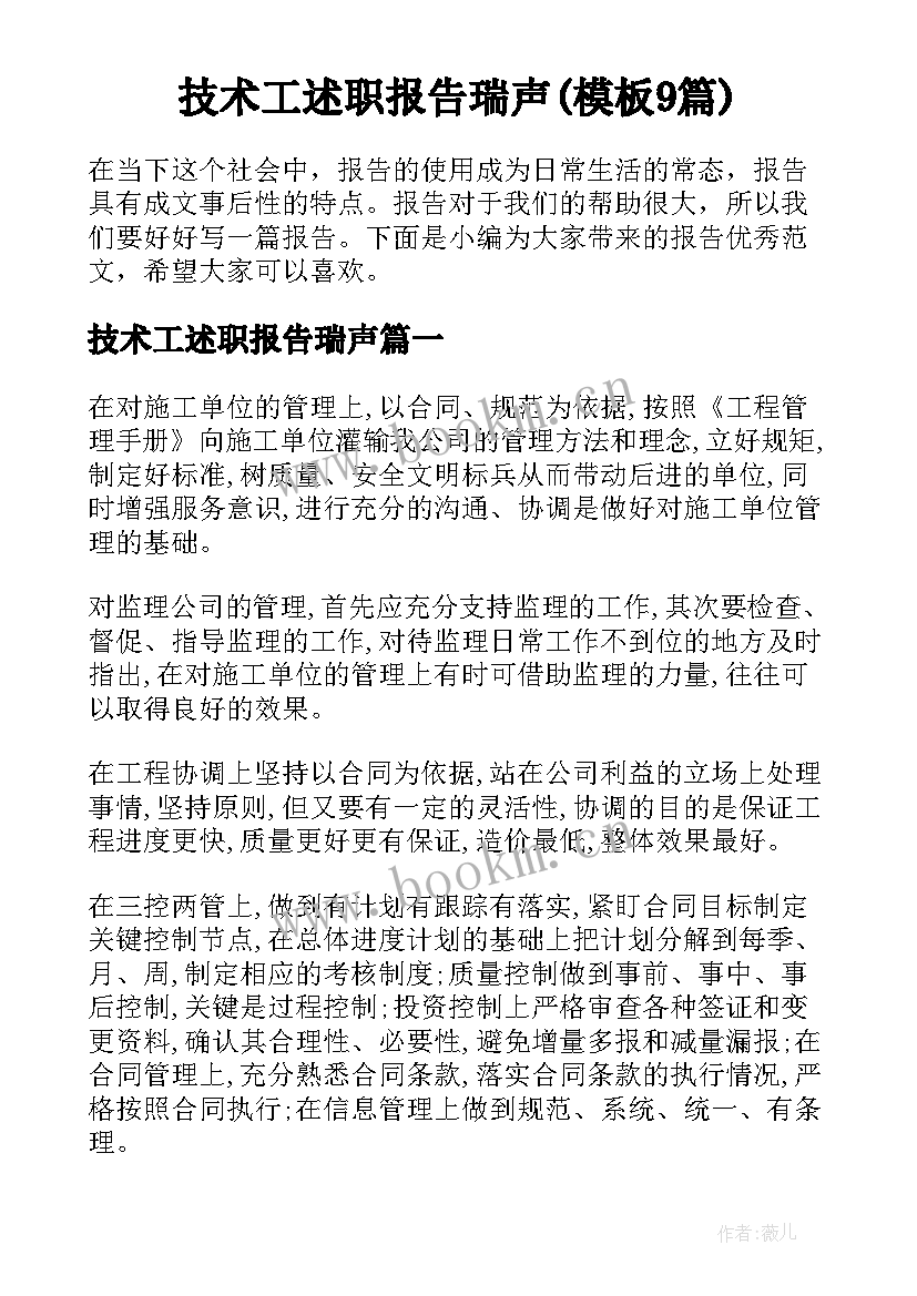 技术工述职报告瑞声(模板9篇)