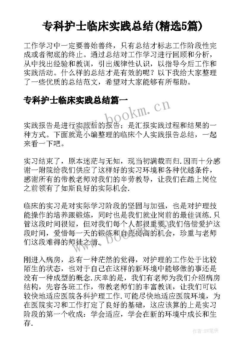 专科护士临床实践总结(精选5篇)