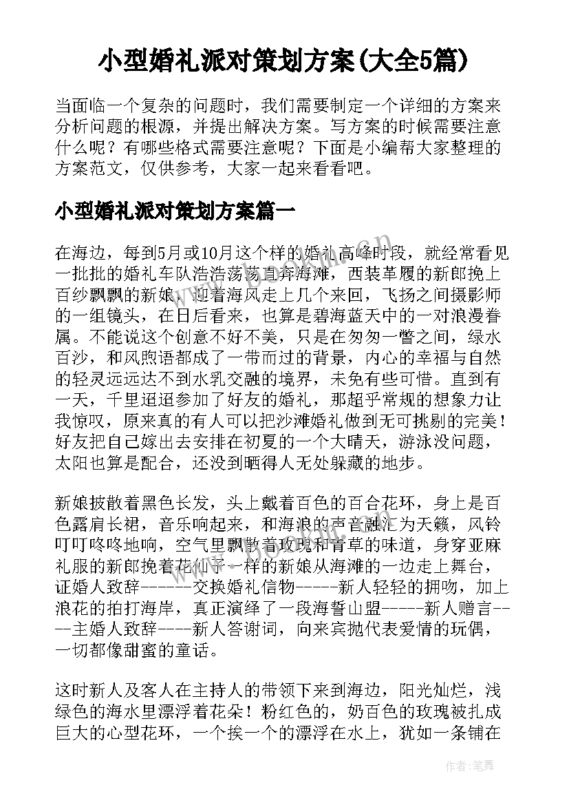 小型婚礼派对策划方案(大全5篇)