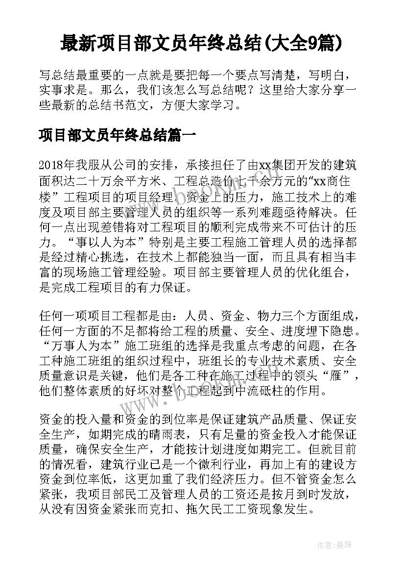 最新项目部文员年终总结(大全9篇)