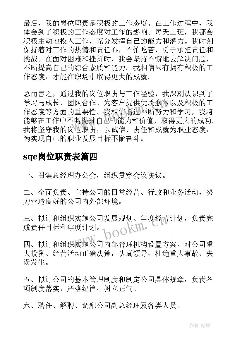 最新sqe岗位职责表 岗位职责流程培训心得体会(大全9篇)