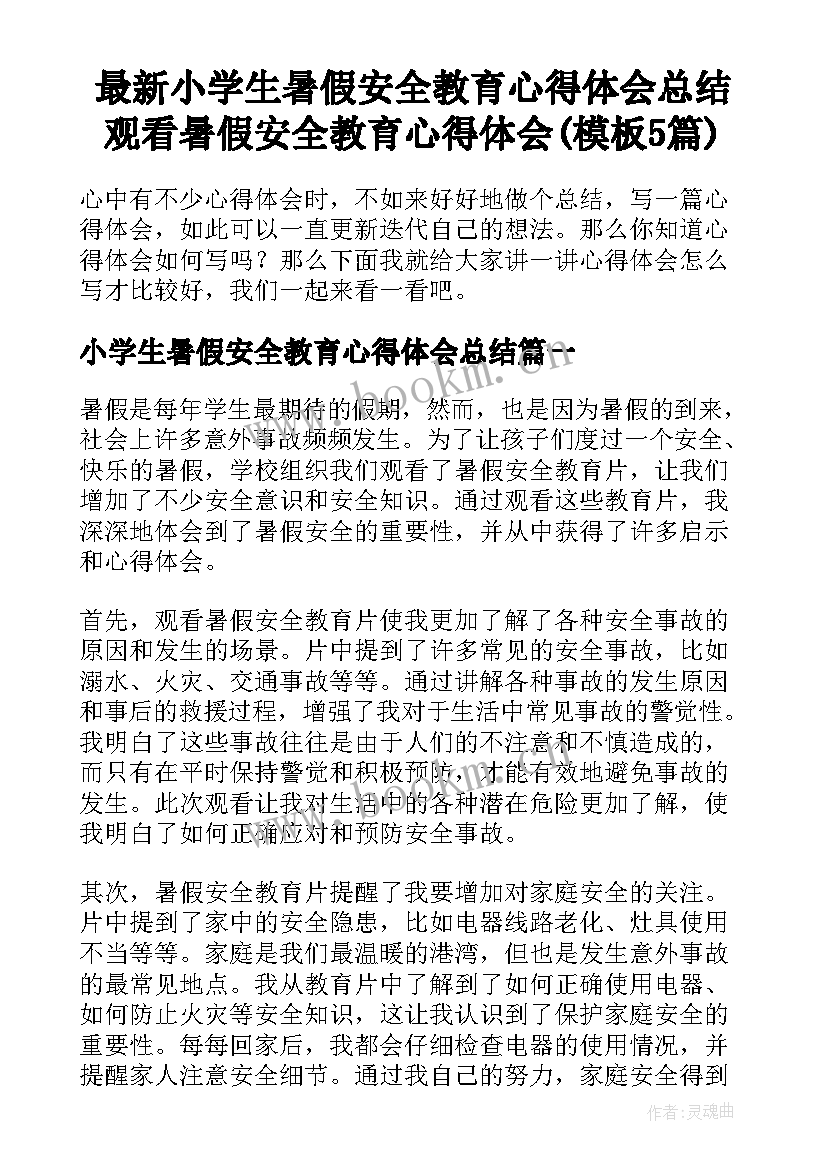 最新小学生暑假安全教育心得体会总结 观看暑假安全教育心得体会(模板5篇)