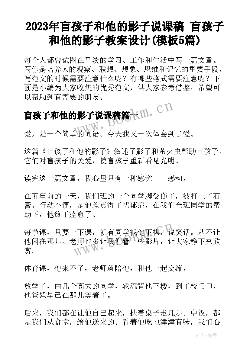 2023年盲孩子和他的影子说课稿 盲孩子和他的影子教案设计(模板5篇)