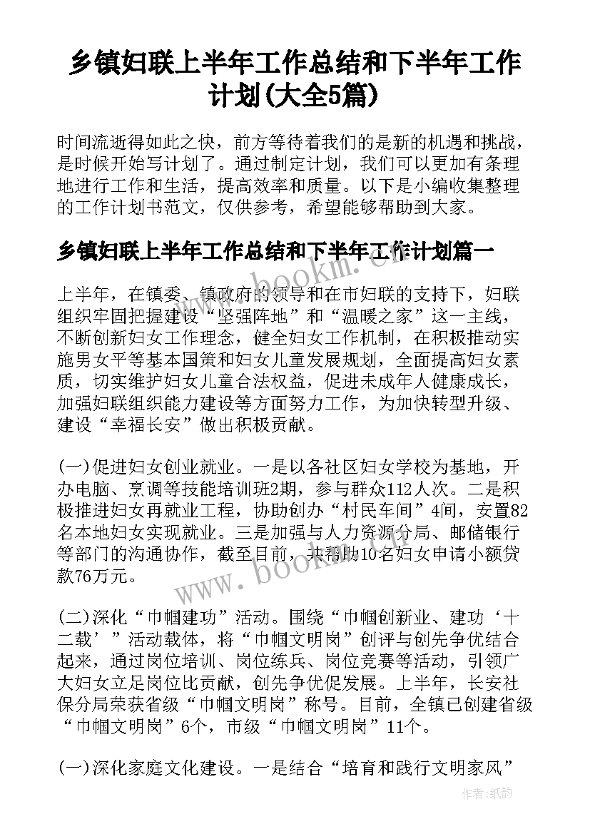 乡镇妇联上半年工作总结和下半年工作计划(大全5篇)