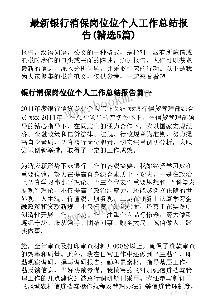 最新银行消保岗位位个人工作总结报告(精选5篇)