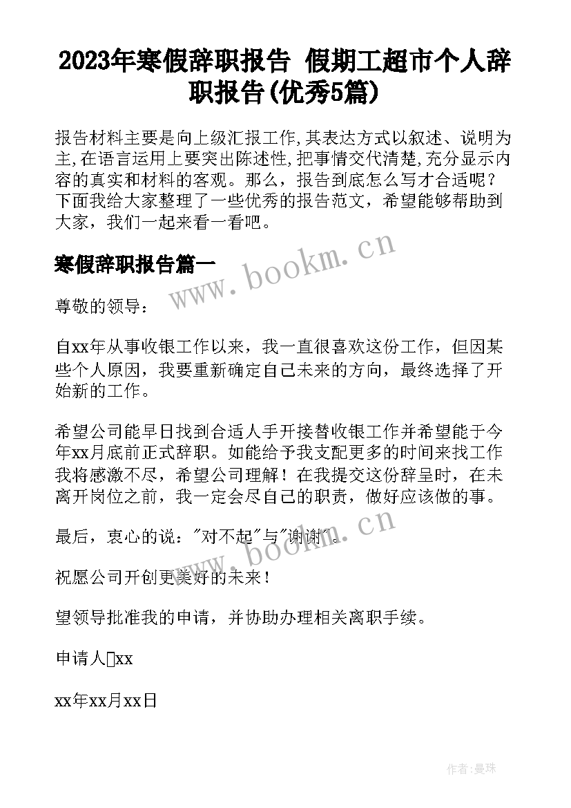 2023年寒假辞职报告 假期工超市个人辞职报告(优秀5篇)