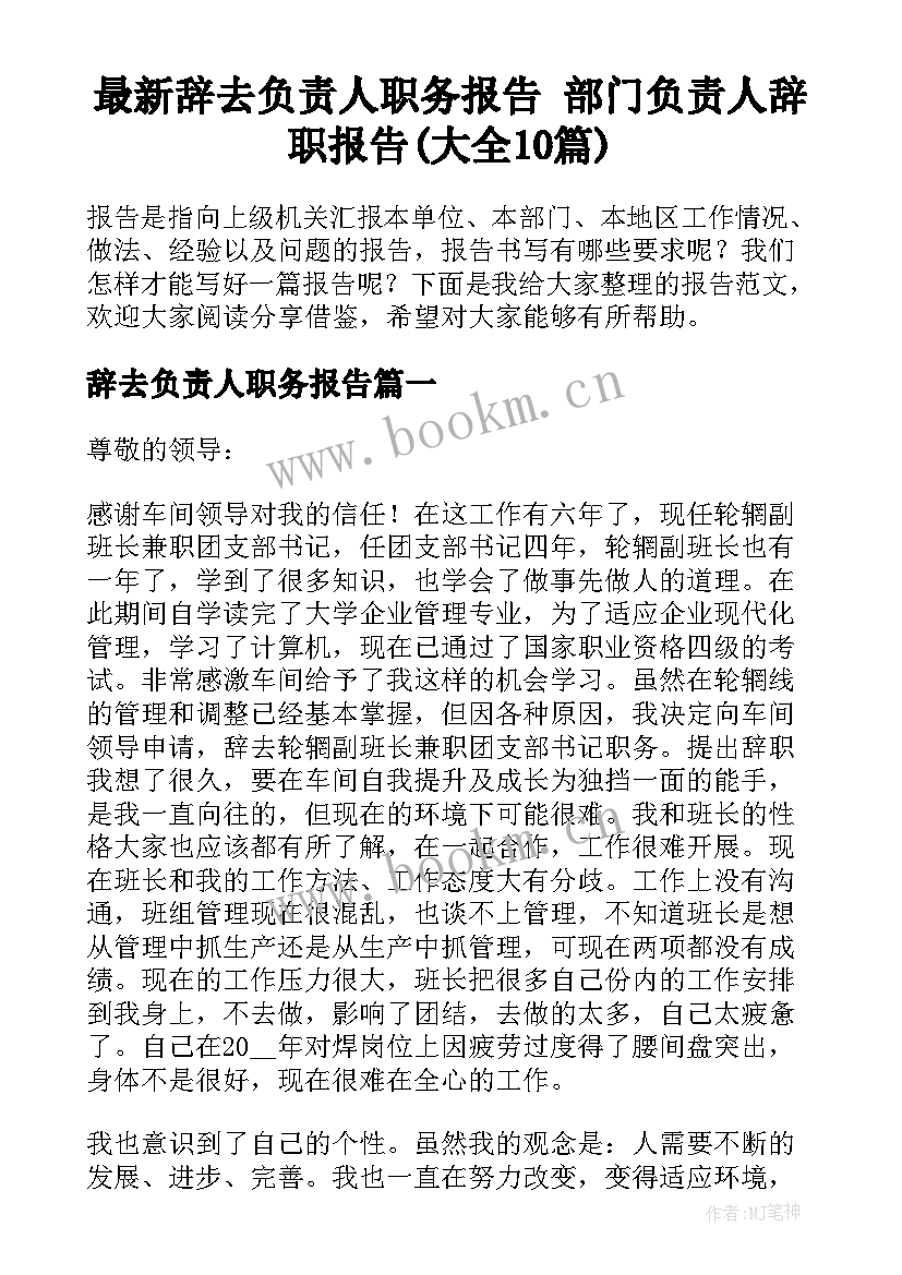 最新辞去负责人职务报告 部门负责人辞职报告(大全10篇)