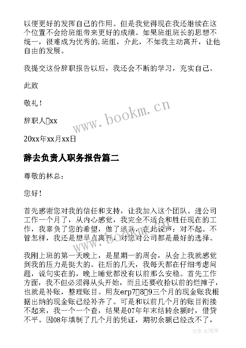 最新辞去负责人职务报告 部门负责人辞职报告(大全10篇)