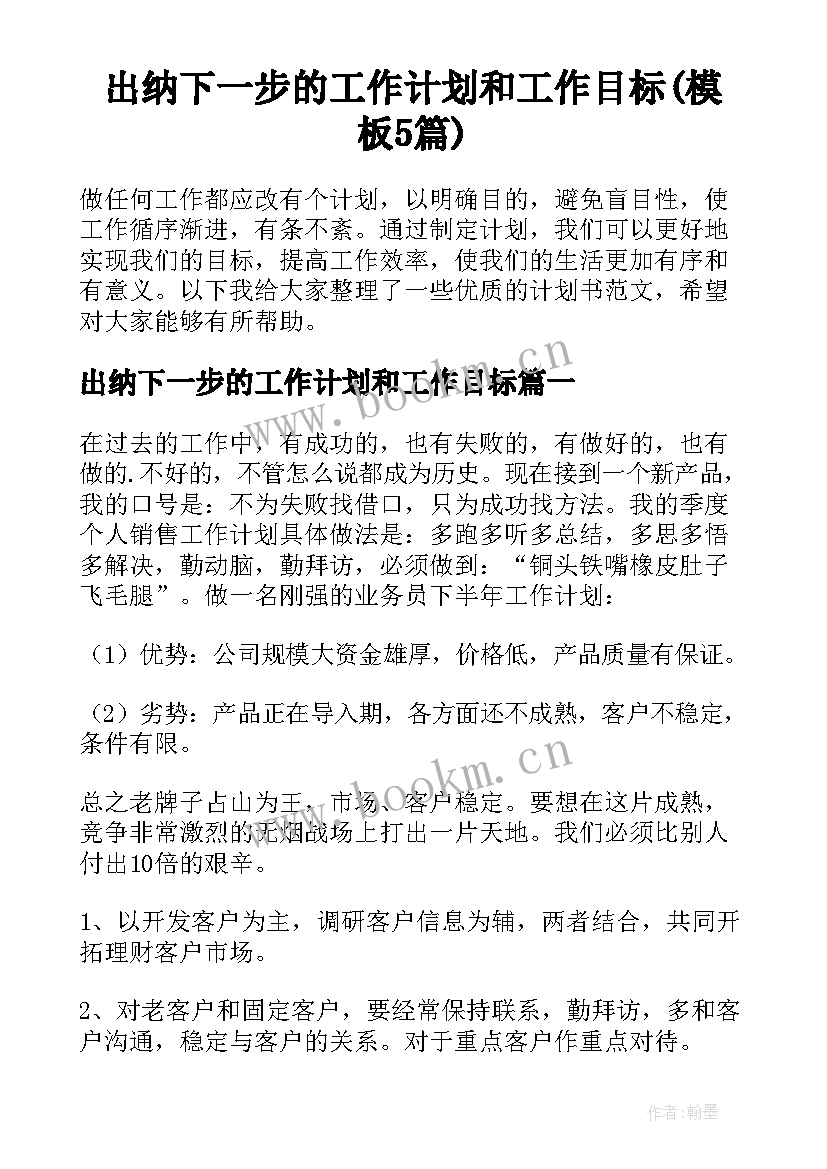 出纳下一步的工作计划和工作目标(模板5篇)