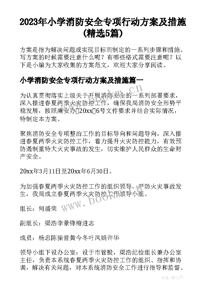 2023年小学消防安全专项行动方案及措施(精选5篇)