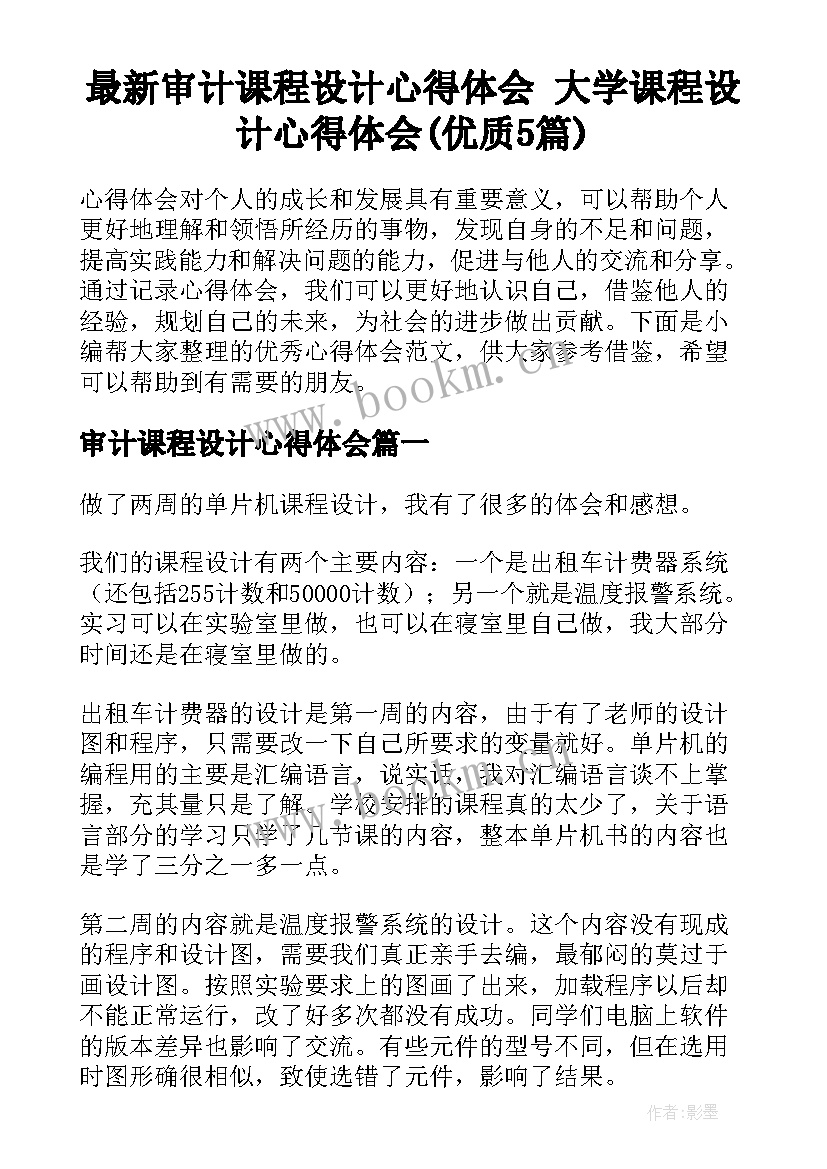 最新审计课程设计心得体会 大学课程设计心得体会(优质5篇)