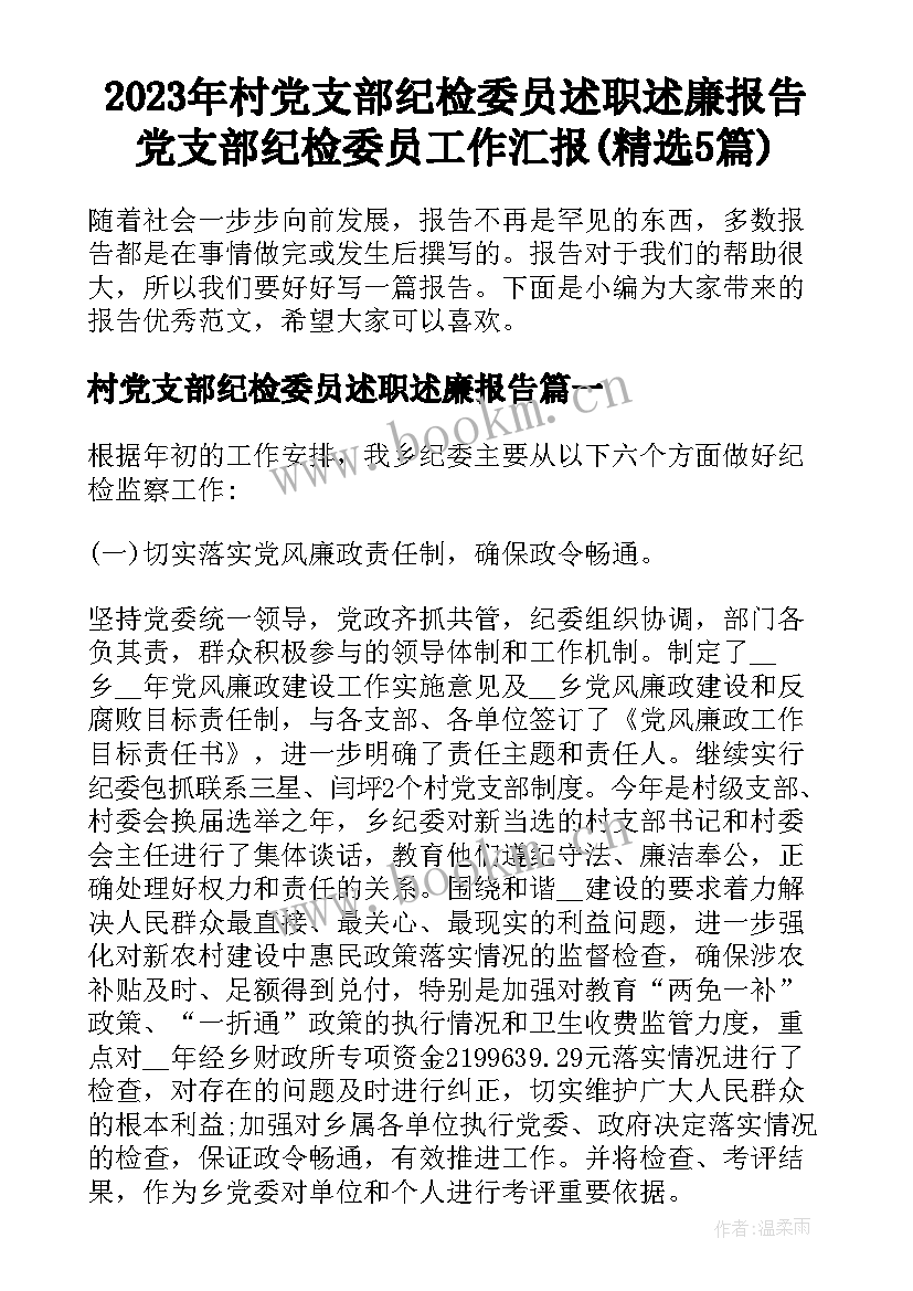 2023年村党支部纪检委员述职述廉报告 党支部纪检委员工作汇报(精选5篇)