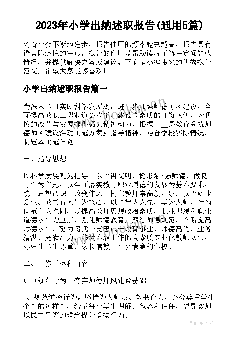 2023年小学出纳述职报告(通用5篇)